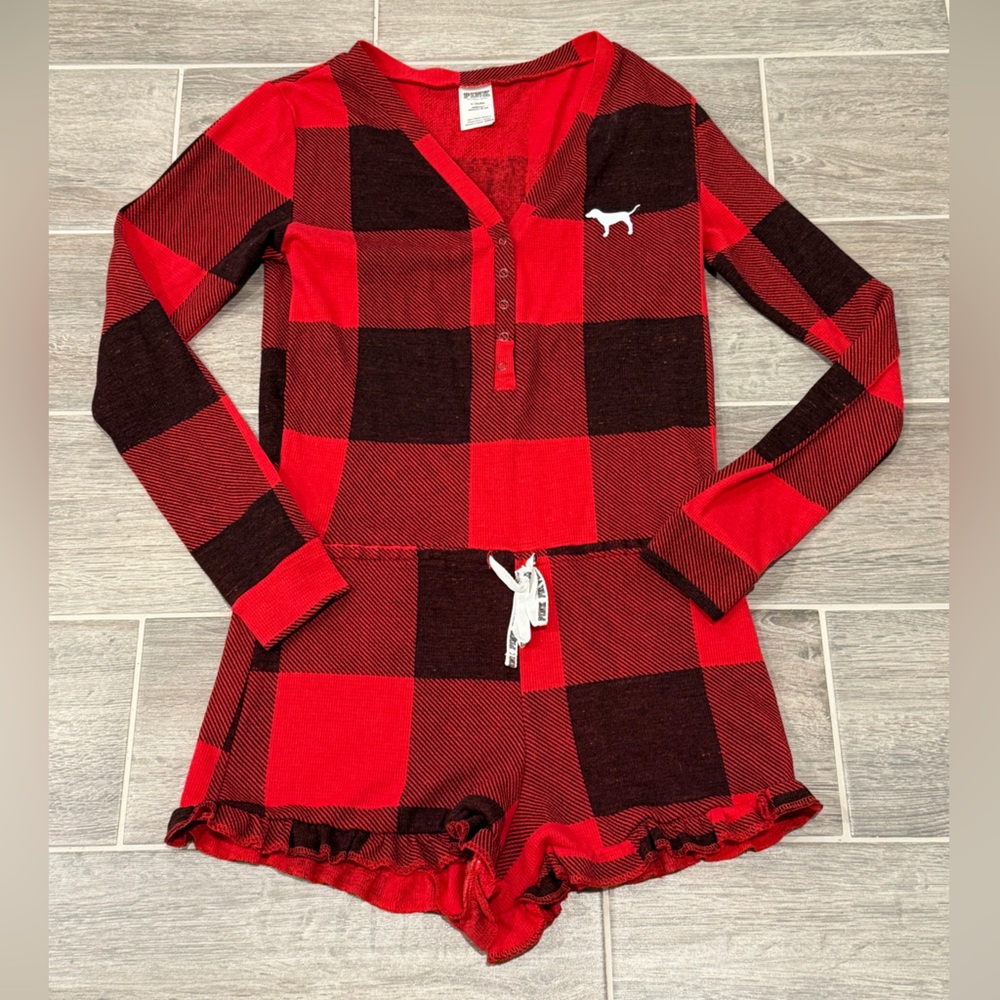 Victoria’s Secret PINK Buffalo Plaid Thermal Sleepwear Romper. Size Medium. - Picture 4 of 11